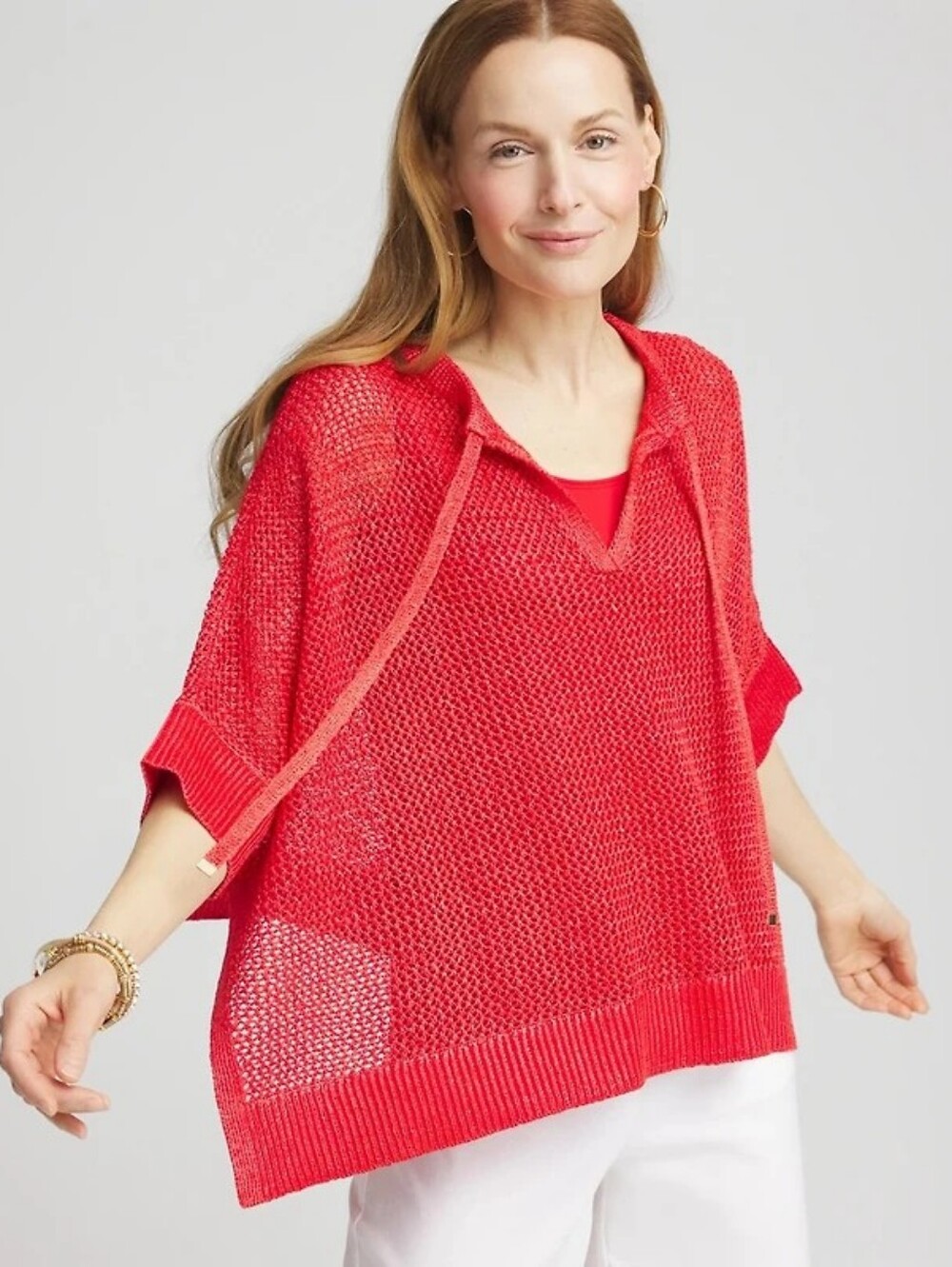 Chico's Womens Pink Red Oversized Relaxed Sequin Open Knit Poncho Blouse